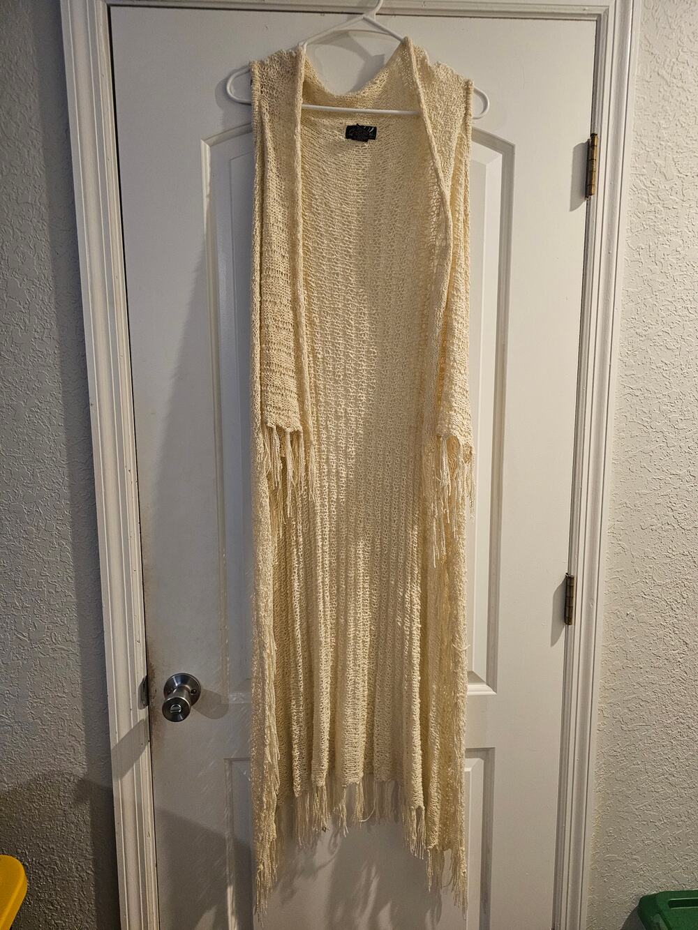 Questions Open Knit Duster Vest Large Cream Fringe High Low Boho Cardigan